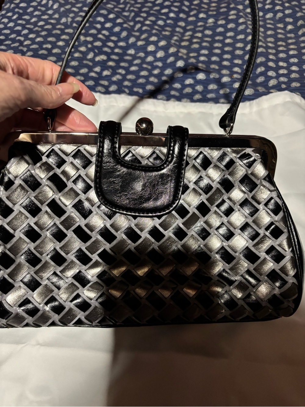 Black & Silver Woven leather Frame Handbag - Classic Women's Evening Bag